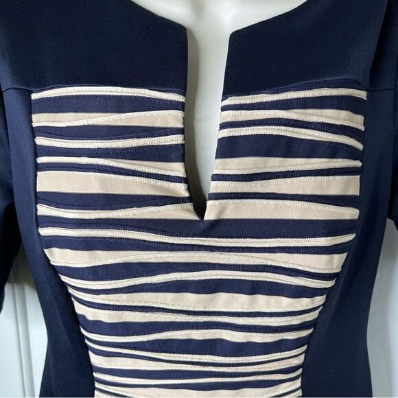 Connected Apparel Navy Tan Short-Sleeve Textured Sheath Stretch Dress Size 6 - Picture 4 of 7